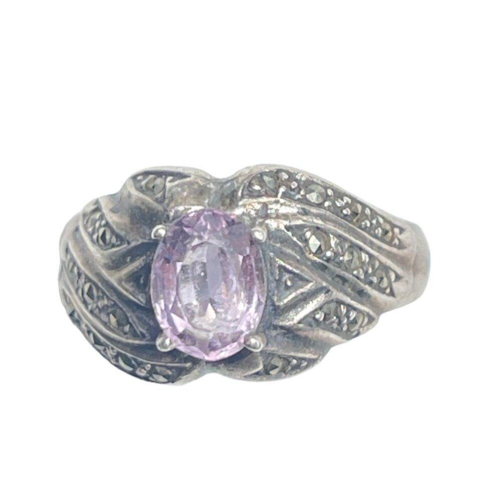 Vintage Art Deco Amethyst Marcasite Ring - Size 9